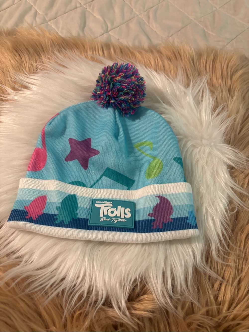 Trolls Light Blue Knit Beanie with Multicolor Pom-Pom